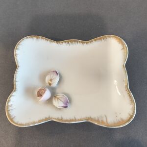 Vintage Japanese Porcelain Trinket Dish Tray Ruffled Gold Edge 3D Flowers Rose